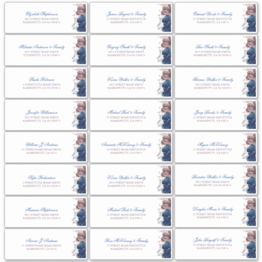 Navy Blue Mauve Bloemen Gastennamen Adreslabel Sticker (Voorkant)