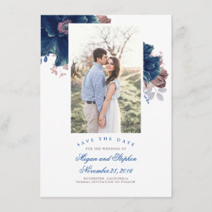Navy Blue & Mauve Bloemenfoto Save the Date Kaart