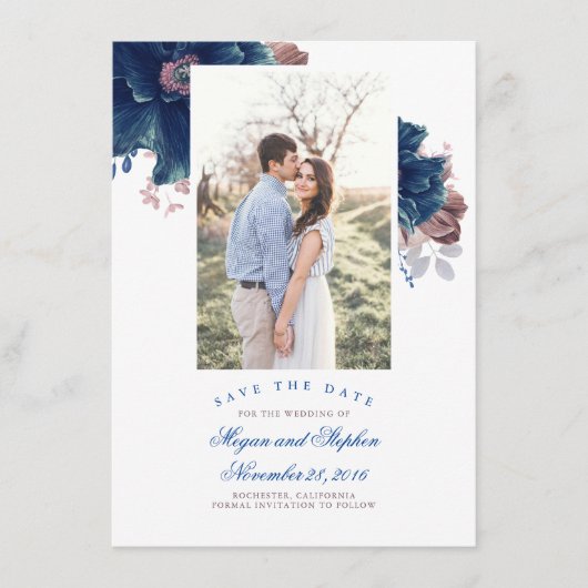 Navy Blue & Mauve Bloemenfoto Save the Date Kaart (Voorkant)
