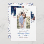 Navy Blue & Mauve Bloemenfoto Save the Date Kaart (Voorkant / Achterkant)