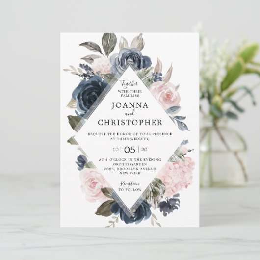 Navy Blue Mauve Blush Roos Boho Geometric Wedding Kaart (Staand voorkant)