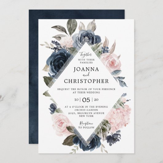 Navy Blue Mauve Blush Roos Boho Geometric Wedding Kaart (Voorkant / Achterkant)