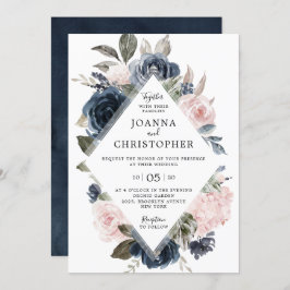 Navy Blue Mauve Blush Roos Boho Geometric Wedding Kaart