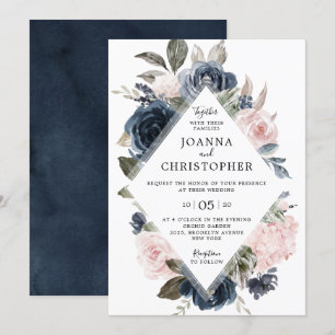 Navy Blue Mauve Blush Roos Boho Geometric Wedding Kaart