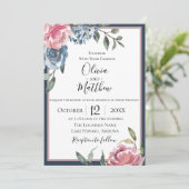 Navy Blue Mauve Botanische bruiloft uitnodiging (Staand voorkant)