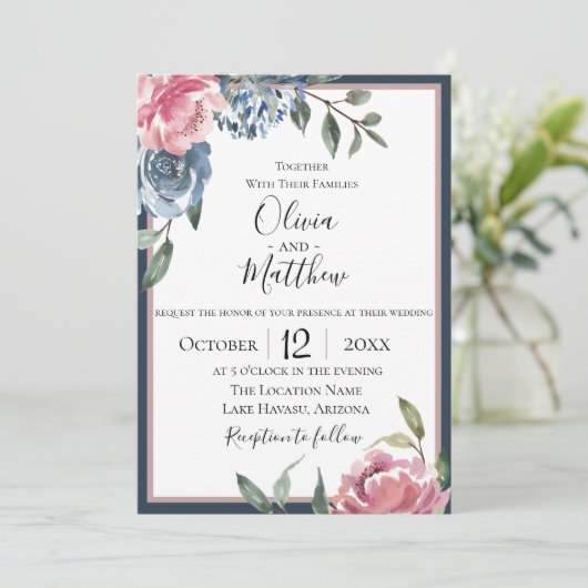 Navy Blue Mauve Botanische bruiloft uitnodiging (Staand voorkant)
