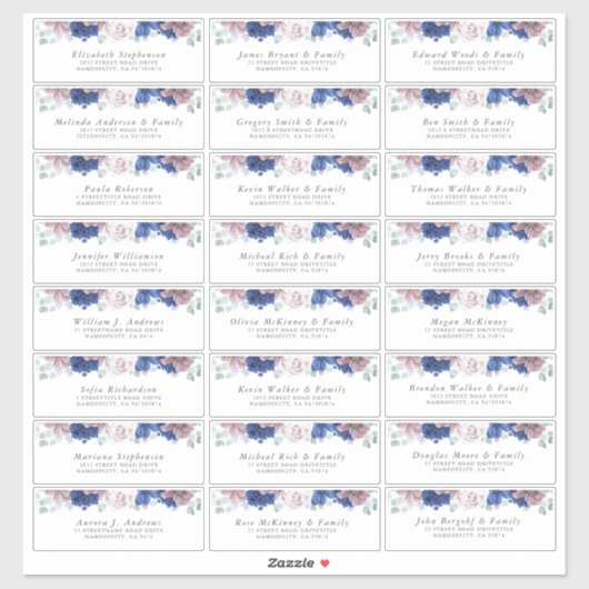Navy Blue Mauve Floral Individuele Adresetiketten Sticker (Vel)