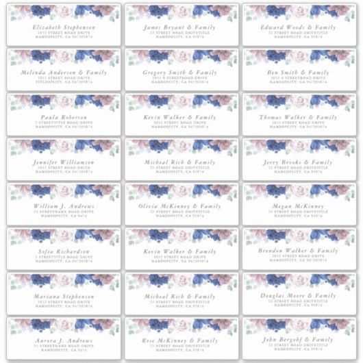 Navy Blue Mauve Floral Individuele Adresetiketten Sticker (Voorkant)