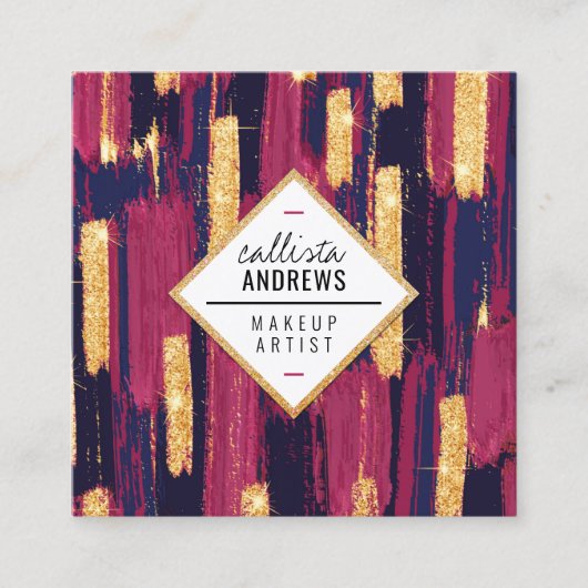 Navy Blue Mauve Paarse Gouden Glitter Paint Make-u Vierkante Visitekaartje (Voorkant)