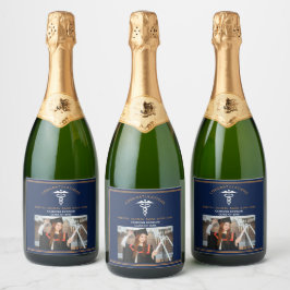 Navy Blue Medische School Foto Afstudeerfeest Sparkling Wijnetiket