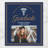 Navy Blue Medische School Foto Afstudeerfeest Wijn Etiket (Enkel label)