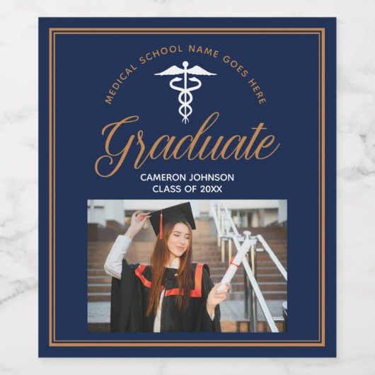 Navy Blue Medische School Foto Afstudeerfeest Wijn Etiket (Enkel label)