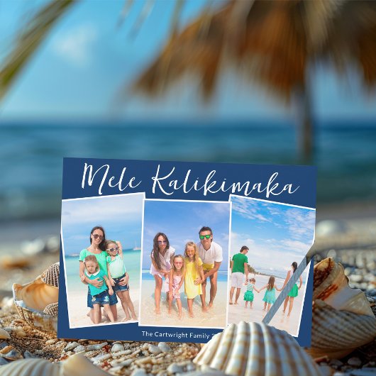 Navy Blue Mele Kalikimaka 3 Beach Photo Christmas Feestdagenkaart