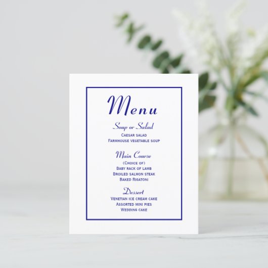 Navy Blue Menu - Minimalistisch modern huwelijk le (Staand voorkant)