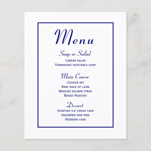 Navy Blue Menu - Minimalistisch modern huwelijk le (Voorkant)