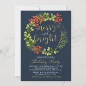 Navy Blue Merry Bright Holly Berries Holiday Party Kaart (Voorkant)