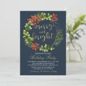 Navy Blue Merry Bright Holly Berries Holiday Party Kaart (Staand voorkant)