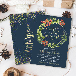 Navy Blue Merry Bright Holly Berries Holiday Party Kaart