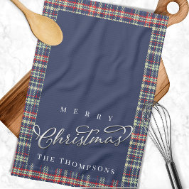 Navy Blue Merry Christmas Plaid Custom Theedoek