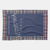 Navy Blue Merry Christmas Plaid Custom Theedoek (Horizontaal)