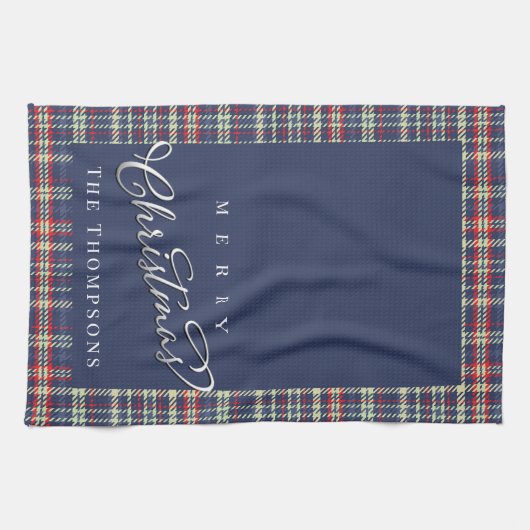 Navy Blue Merry Christmas Plaid Custom Theedoek (Horizontaal)