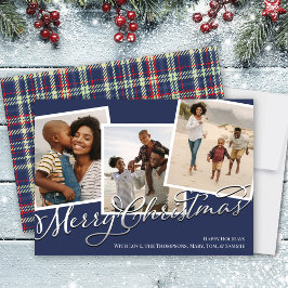 Navy Blue Merry Christmas Plaid Fotocollage Feestdagenkaart