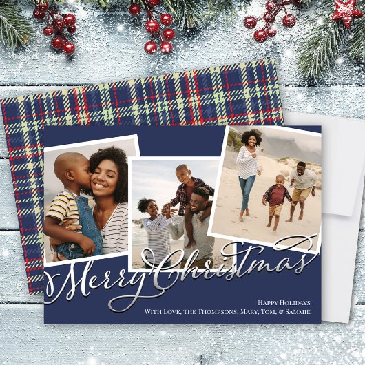 Navy Blue Merry Christmas Plaid Fotocollage Feestdagenkaart