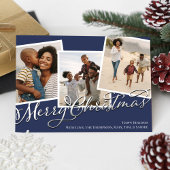 Navy Blue Merry Christmas Plaid Fotocollage Feestdagenkaart