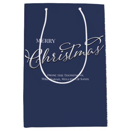 Navy Blue Merry Christmas Plaid Pattern Medium Cadeauzakje (Voorkant)