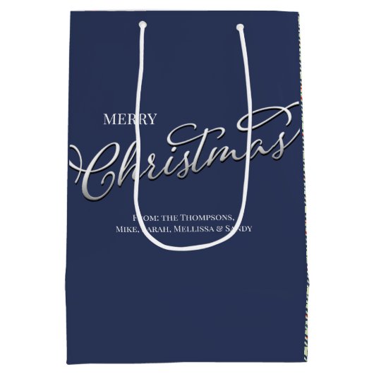 Navy Blue Merry Christmas Plaid Pattern Medium Cadeauzakje (Achterkant)