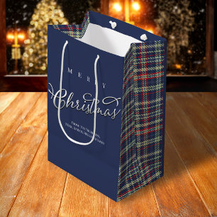 Navy Blue Merry Christmas Plaid Pattern Medium Cadeauzakje