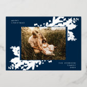 Navy Blue Merry kerst Holly Foto Silver Folie Feestdagenkaart (Voorkant)