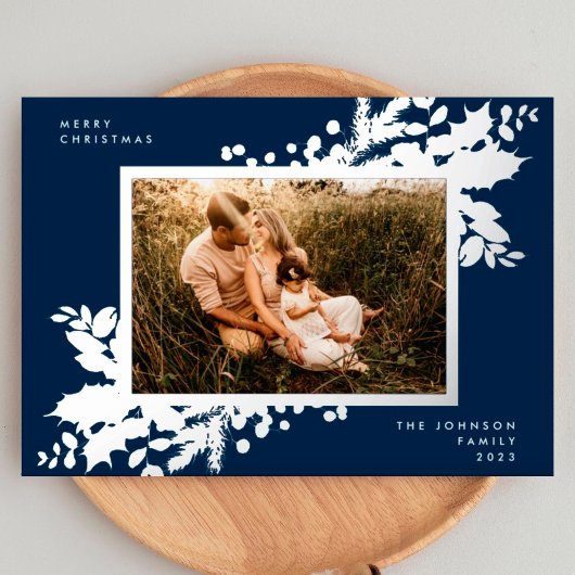 Navy Blue Merry kerst Holly Foto Silver Folie Feestdagenkaart