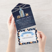 Navy Blue  Message in a Bottle Baby shower All In One Uitnodiging (Afscheurbaar)