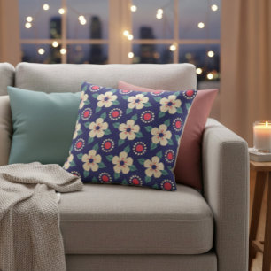 Navy Blue met Cream Flowers Kussen