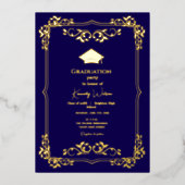 Navy Blue met Goud Lijst Afstuderen Folie Uitnodiging (Voorkant)