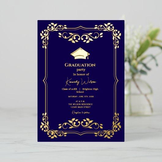 Navy Blue met Goud Lijst Afstuderen Folie Uitnodiging (Staand Voorkant)