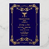 Navy Blue met Goud Lijst Afstuderen Folie Uitnodiging (Voorkant)