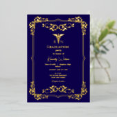 Navy Blue met Goud Lijst Afstuderen Folie Uitnodiging (Staand Voorkant)