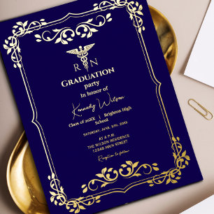 Navy Blue met Goud  Lijst Afstuderen Folie Uitnodiging