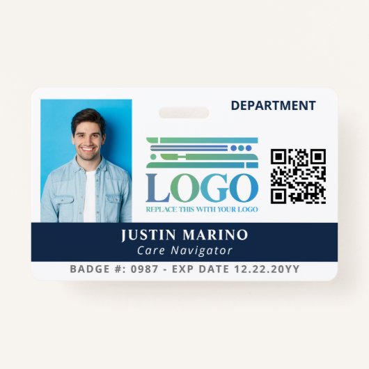 Navy Blue met Logo Foto QR Code Medewerker ID Badge (Voorkant)