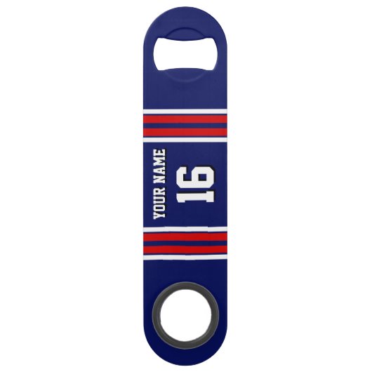 Navy Blue met Red White Stripes Team Jersey Speed Flessenopener (Achterkant)