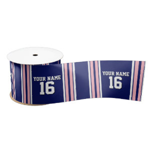 Navy Blue met roze witte strepen Jersey Satijnen Lint