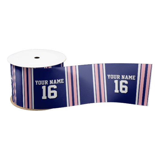 Navy Blue met roze witte strepen Jersey Satijnen Lint (Spoel)