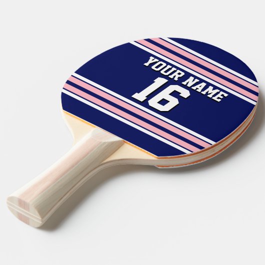 Navy Blue met roze witte strepen Jersey Tafeltennisbatje (Voorkant Gekanteld)