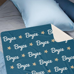 Navy Blue met Tan Stars Herhalende Naam Sherpa Deken