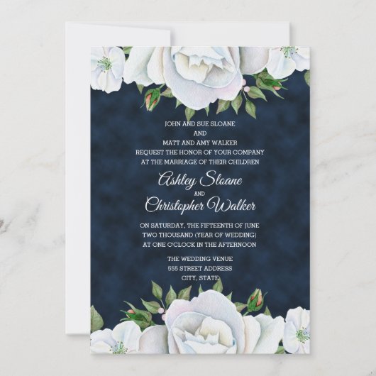 Navy Blue met White Floral Wedding Invitation Kaart (Voorkant)