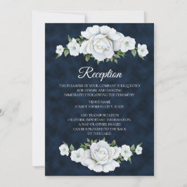 Navy Blue met White Floral Wedding Reception Kaart