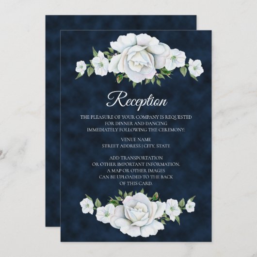 Navy Blue met White Floral Wedding Reception Kaart (Voorkant / Achterkant)