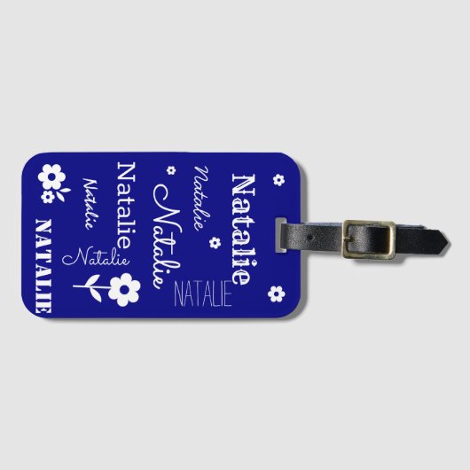 Navy Blue met witte bloemen, Gepersonaliseerd Bagagelabel (Voorkant (horizontaal))